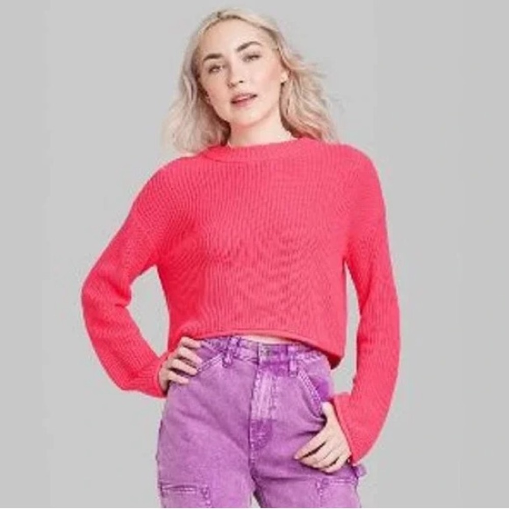 Wild Fable XL Bright Pink Long Sleeve Crewneck Cropped Sweater